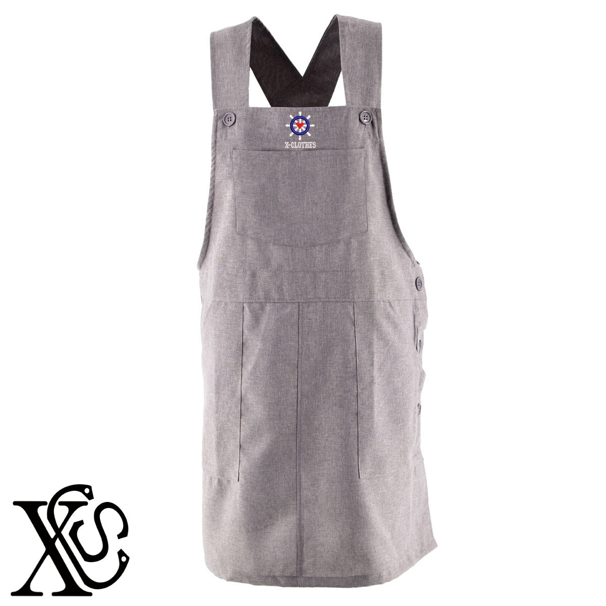 船4柄 刺繍 ゆったり エプロン ワンピース レディース 撥水加工 カフェ 業務用 保育士 介護士 飲食店 マタニティ サロペット 大きいサイズ【X-CLOTHES】オリジナル グッズ 刺繍 ワンポイント 雑貨【b 杢ベージュ 杢グレー ブラック】【2植物ロゴ-モチーフ】
