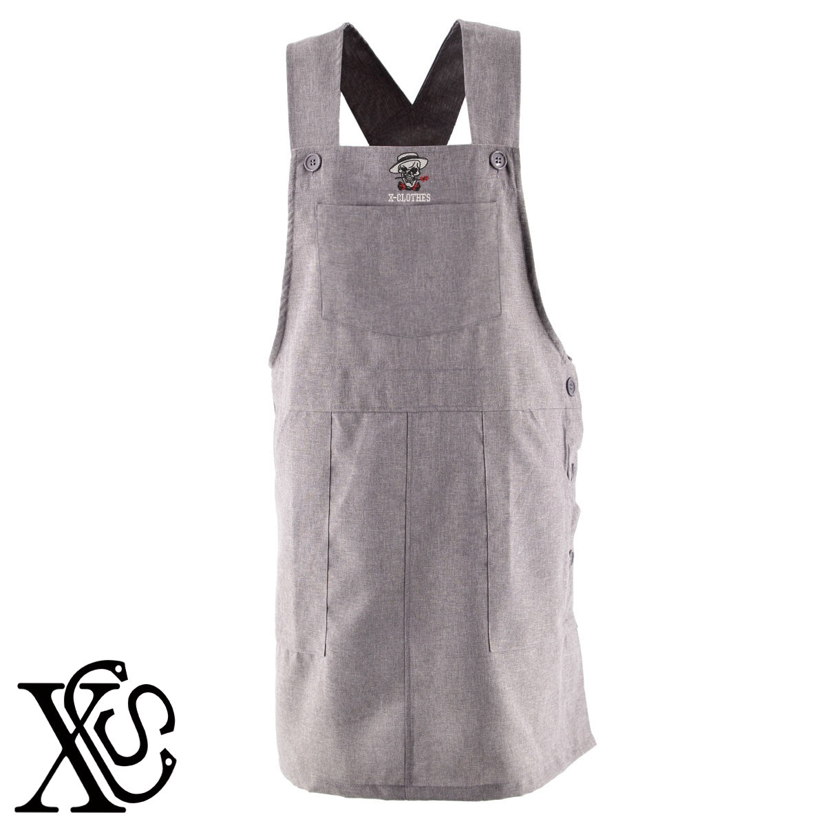 スカル5柄 刺繍 ゆったり エプロン ワンピース レディース 撥水加工 カフェ 業務用 保育士 介護士 飲食店 マタニティ サロペット 大きいサイズ【X-CLOTHES】オリジナル グッズ 刺繍 ワンポイント 雑貨【b 杢ベージュ 杢グレー ブラック】【7家紋お祝-ロゴ】