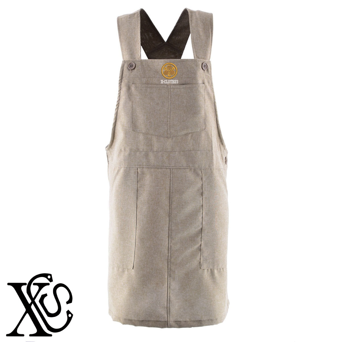 27丸に剣三つ柏柄 刺繍 ゆったり エプロン ワンピース レディース 撥水加工 カフェ 業務用 保育士 介護士 飲食店 マタニティ サロペット 大きいサイズ【X-CLOTHES】オリジナル グッズ 刺繍 ワンポイント 雑貨【b 杢ベージュ 杢グレー ブラック】【7家紋お祝-家紋1-40】