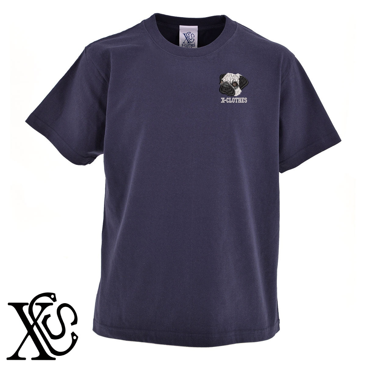パグ4柄 刺繍 5.6oz 綿100% 半袖 Tシャツ メンズ レディース カットソー 大きいサイズあり【X-CLOTHES】オリジナル グッズ 刺繍 ワンポイント 雑貨【b 黒 紺 ブルー 赤 ワイン】【g 白 灰】 【10犬猫図鑑-犬図鑑-B】