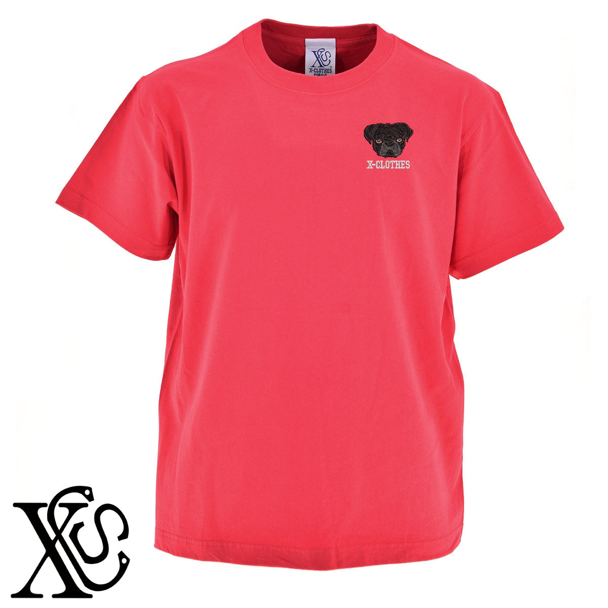 パグ6柄 刺繍 5.6oz 綿100% 半袖 Tシャツ メンズ レディース カットソー 大きいサイズあり【X-CLOTHES】オリジナル グッズ 刺繍 ワンポイント 雑貨【b 黒 紺 ブルー 赤 ワイン】【g 白 灰】 【10犬猫図鑑-犬図鑑-B】