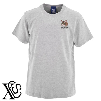 メインクーン2柄 刺繍 5.6oz 綿100% 半袖 Tシャツ メンズ レディース カットソー 大きいサイズあり【X-CLOTHES】オリジナル グッズ 刺繍 ワンポイント 雑貨【b 黒 紺 ブルー 赤 ワイン】【g 白 灰】 【10犬猫図鑑-猫図鑑-A】