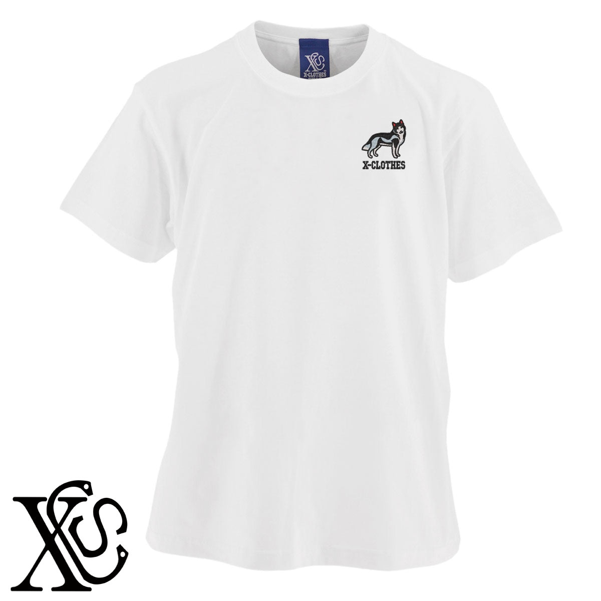 ハスキー8柄 刺繍 5.6oz 綿100% 半袖 Tシャツ メンズ レディース カットソー 大きいサイズあり【X-CLOTHES】オリジナル グッズ 刺繍 ワンポイント 雑貨【b 黒 紺 ブルー 赤 ワイン】【g 白 灰】 【1各種動物-犬類】