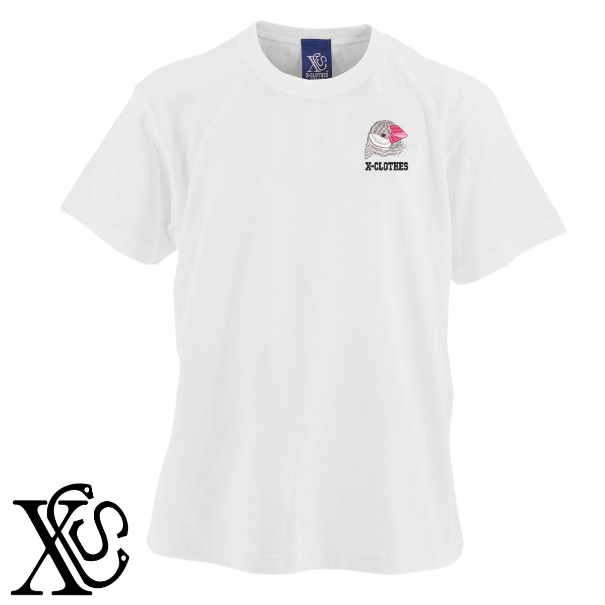 シルバー文鳥2柄 刺繍 5.6oz 綿100% 半袖 Tシャツ メンズ レディース カットソー 大きいサイズあり【X-CLOTHES】オリジナル グッズ 刺繍 ワンポイント 雑貨【b 黒 紺 ブルー 赤 ワイン】【g 白 灰】 【1各種動物-鳥類】