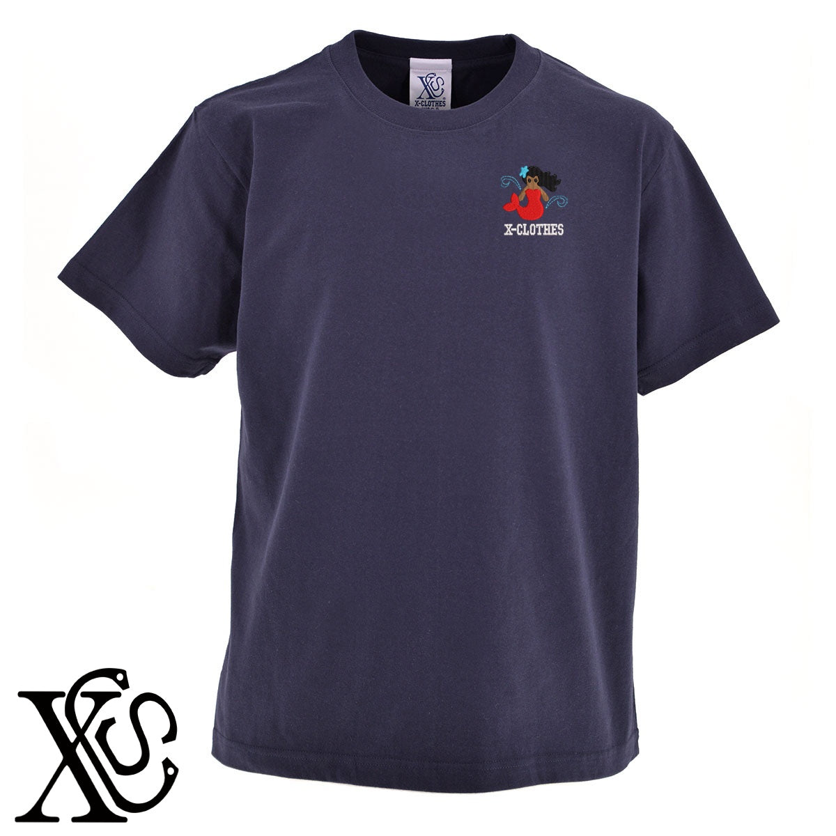 人魚8柄 刺繍 5.6oz 綿100% 半袖 Tシャツ メンズ レディース カットソー 大きいサイズあり【X-CLOTHES】オリジナル グッズ 刺繍 ワンポイント 雑貨【b 黒 紺 ブルー 赤 ワイン】【g 白 灰】 【2植物ロゴ-キャラクター】