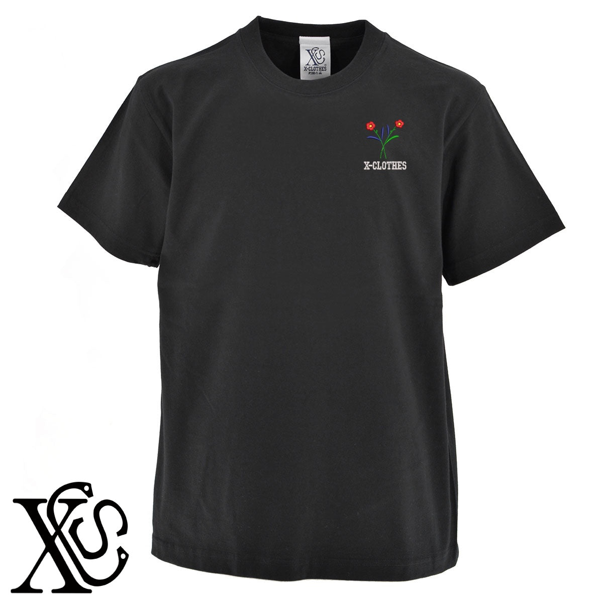 花3柄 刺繍 5.6oz 綿100% 半袖 Tシャツ メンズ レディース カットソー 大きいサイズあり【X-CLOTHES】オリジナル グッズ 刺繍 ワンポイント 雑貨【b 黒 紺 ブルー 赤 ワイン】【g 白 灰】 【2植物ロゴ-植物】