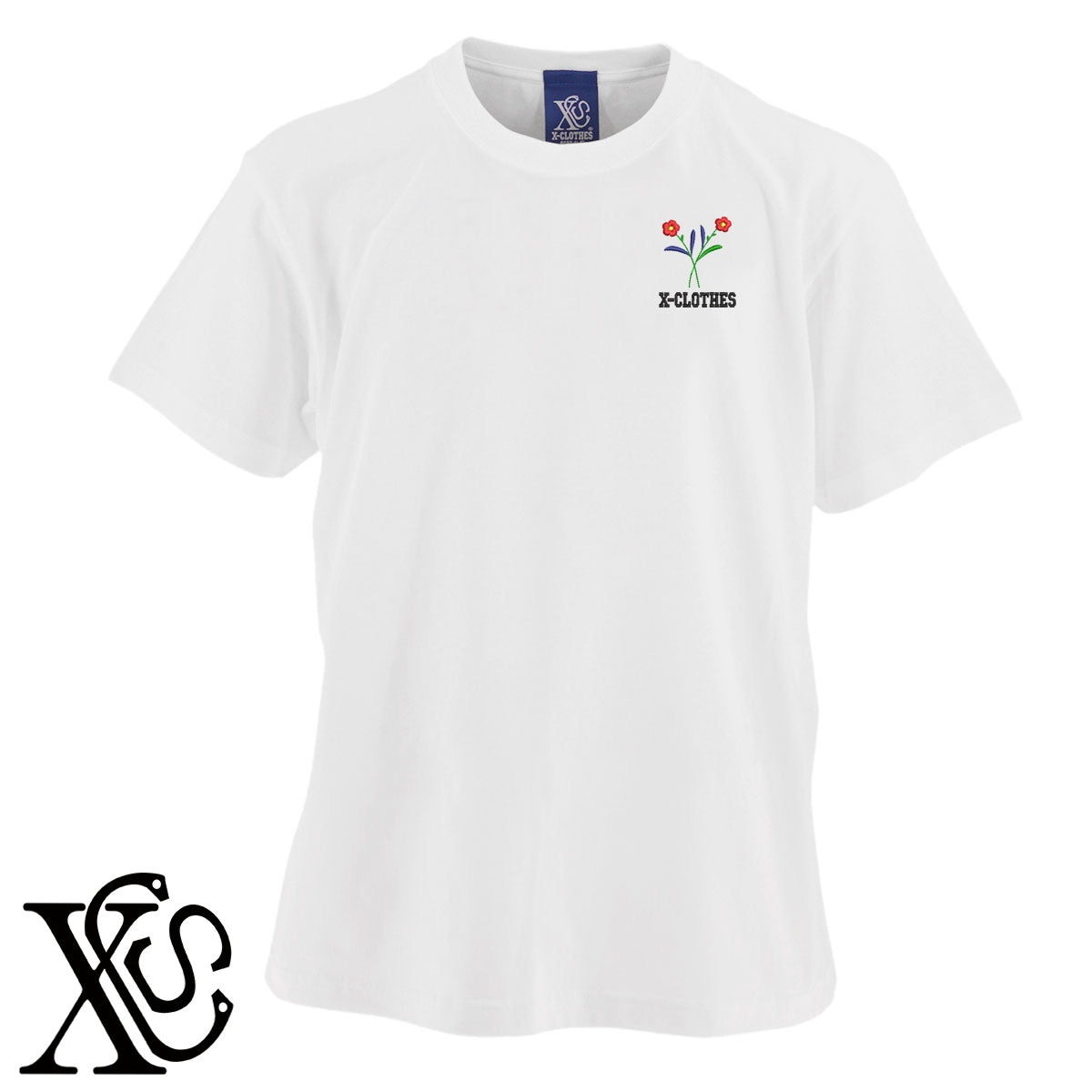 花3柄 刺繍 5.6oz 綿100% 半袖 Tシャツ メンズ レディース カットソー 大きいサイズあり【X-CLOTHES】オリジナル グッズ 刺繍 ワンポイント 雑貨【b 黒 紺 ブルー 赤 ワイン】【g 白 灰】 【2植物ロゴ-植物】