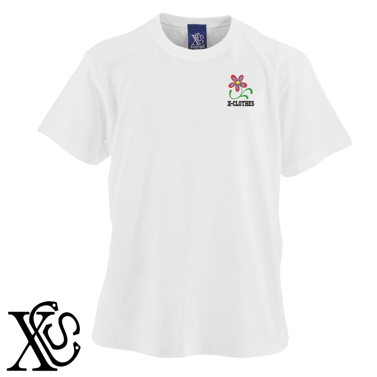 花5柄 刺繍 5.6oz 綿100% 半袖 Tシャツ メンズ レディース カットソー 大きいサイズあり【X-CLOTHES】オリジナル グッズ 刺繍 ワンポイント 雑貨【b 黒 紺 ブルー 赤 ワイン】【g 白 灰】 【2植物ロゴ-植物】