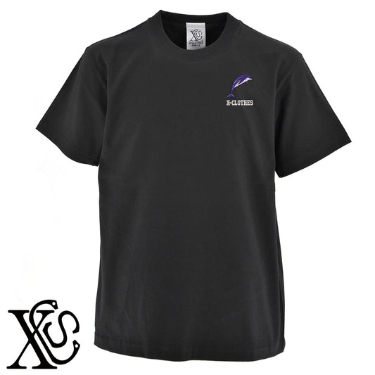 イルカ2柄 刺繍 5.6oz 綿100% 半袖 Tシャツ メンズ レディース カットソー 大きいサイズあり【X-CLOTHES】オリジナル グッズ 刺繍 ワンポイント 雑貨【b 黒 紺 ブルー 赤 ワイン】【g 白 灰】 【2植物ロゴ-魚類】