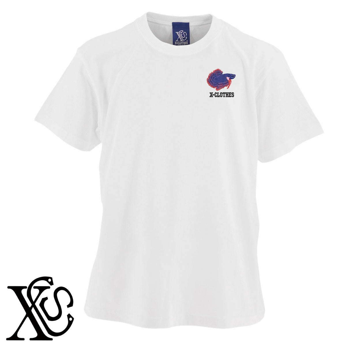 ジャイアントベタ4柄 刺繍 5.6oz 綿100% 半袖 Tシャツ メンズ レディース カットソー 大きいサイズあり【X-CLOTHES】オリジナル グッズ 刺繍 ワンポイント 雑貨【b 黒 紺 ブルー 赤 ワイン】【g 白 灰】 【2植物ロゴ-魚類】