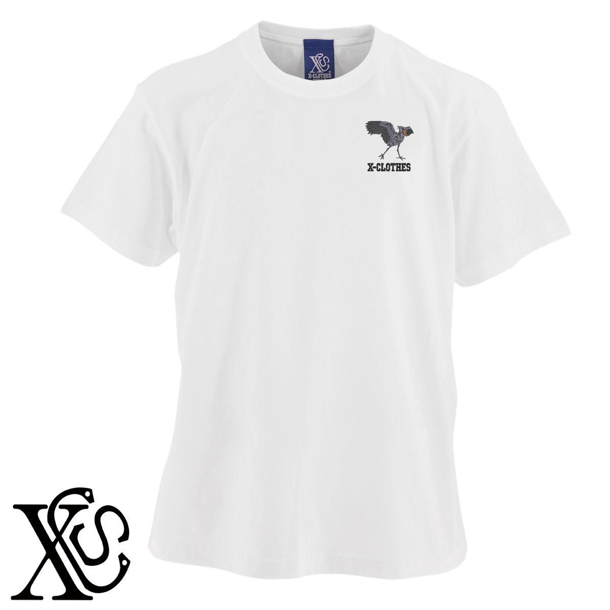 ハシビロコウ4柄 刺繍 5.6oz 綿100% 半袖 Tシャツ メンズ レディース カットソー 大きいサイズあり【X-CLOTHES】オリジナル グッズ 刺繍 ワンポイント 雑貨【b 黒 紺 ブルー 赤 ワイン】【g 白 灰】 【6動物鳥魚-ハシビロコウ】