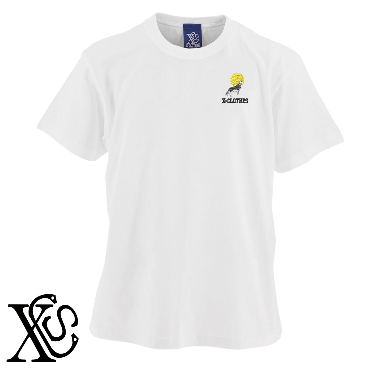 月に狼2柄 刺繍 5.6oz 綿100% 半袖 Tシャツ メンズ レディース カットソー 大きいサイズあり【X-CLOTHES】オリジナル グッズ 刺繍 ワンポイント 雑貨【b 黒 紺 ブルー 赤 ワイン】【g 白 灰】 【6動物鳥魚-猛獣】