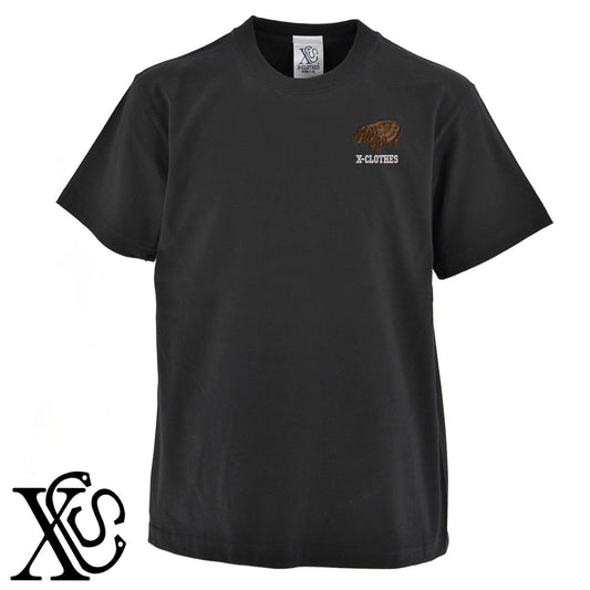 カバ2柄 刺繍 5.6oz 綿100% 半袖 Tシャツ メンズ レディース カットソー 大きいサイズあり【X-CLOTHES】オリジナル グッズ 刺繍 ワンポイント 雑貨【b 黒 紺 ブルー 赤 ワイン】【g 白 灰】 【6動物鳥魚-草食動物】