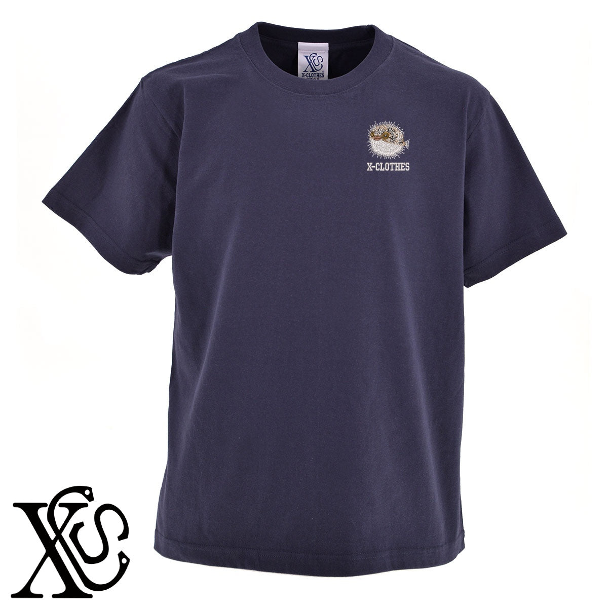 ハリセンボン3柄 刺繍 5.6oz 綿100% 半袖 Tシャツ メンズ レディース カットソー 大きいサイズあり【X-CLOTHES】オリジナル グッズ 刺繍 ワンポイント 雑貨【b 黒 紺 ブルー 赤 ワイン】【g 白 灰】 【6動物鳥魚-釣り魚】