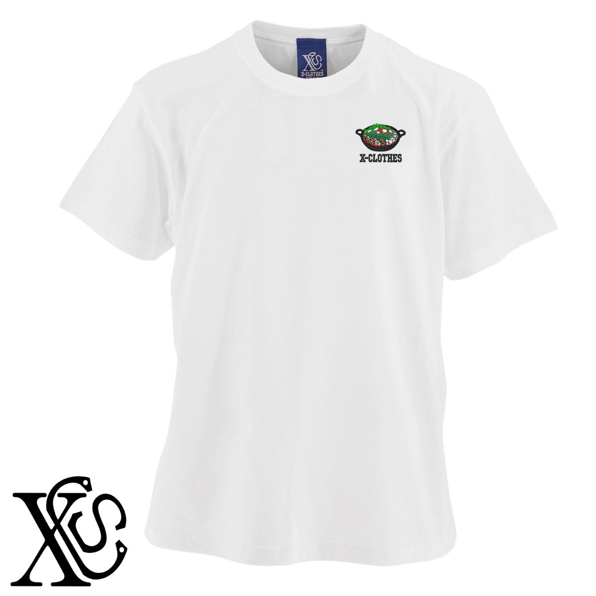 もつ鍋2柄 刺繍 5.6oz 綿100% 半袖 Tシャツ メンズ レディース カットソー 大きいサイズあり【X-CLOTHES】オリジナル グッズ 刺繍 ワンポイント 雑貨【b 黒 紺 ブルー 赤 ワイン】【g 白 灰】 【9趣味料理-料理】
