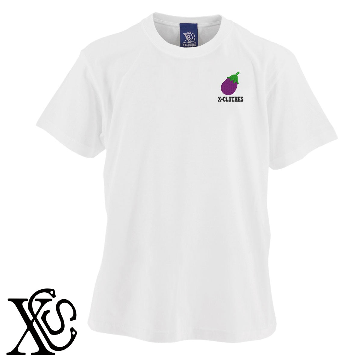 ナス2柄 刺繍 5.6oz 綿100% 半袖 Tシャツ メンズ レディース カットソー 大きいサイズあり【X-CLOTHES】オリジナル グッズ 刺繍 ワンポイント 雑貨【b 黒 紺 ブルー 赤 ワイン】【g 白 灰】 【9趣味料理-食べ物】