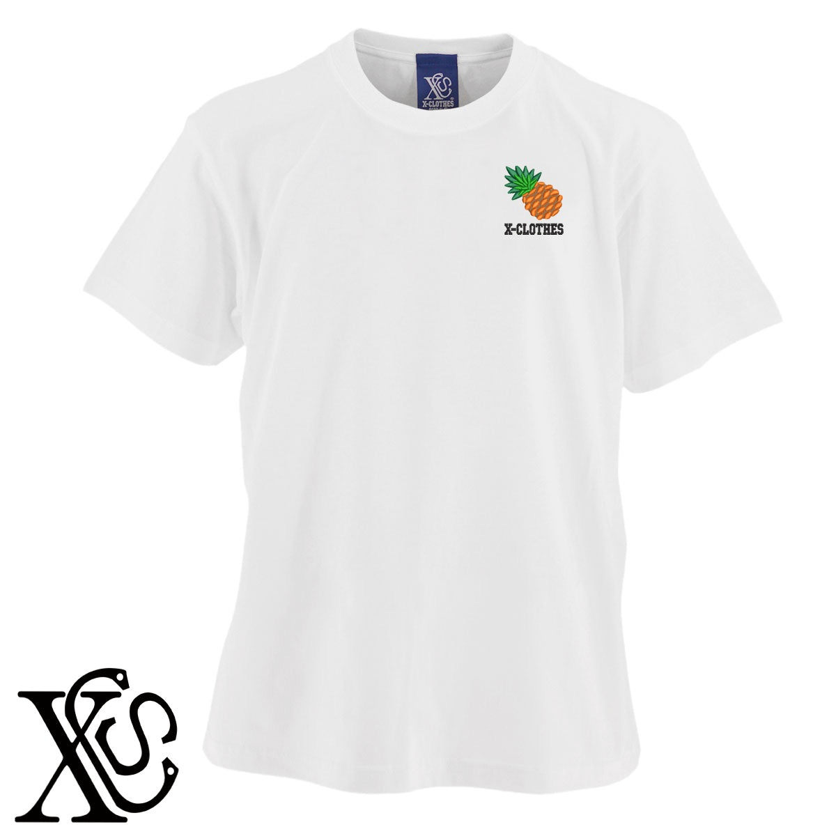パイナップル3柄 刺繍 5.6oz 綿100% 半袖 Tシャツ メンズ レディース カットソー 大きいサイズあり【X-CLOTHES】オリジナル グッズ 刺繍 ワンポイント 雑貨【b 黒 紺 ブルー 赤 ワイン】【g 白 灰】 【9趣味料理-食べ物】