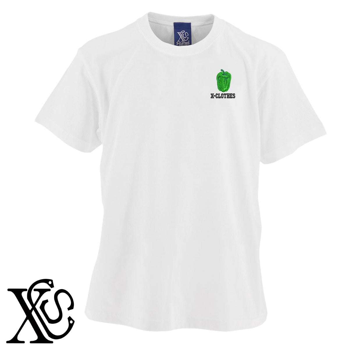 ピーマン2柄 刺繍 5.6oz 綿100% 半袖 Tシャツ メンズ レディース カットソー 大きいサイズあり【X-CLOTHES】オリジナル グッズ 刺繍 ワンポイント 雑貨【b 黒 紺 ブルー 赤 ワイン】【g 白 灰】 【9趣味料理-食べ物】