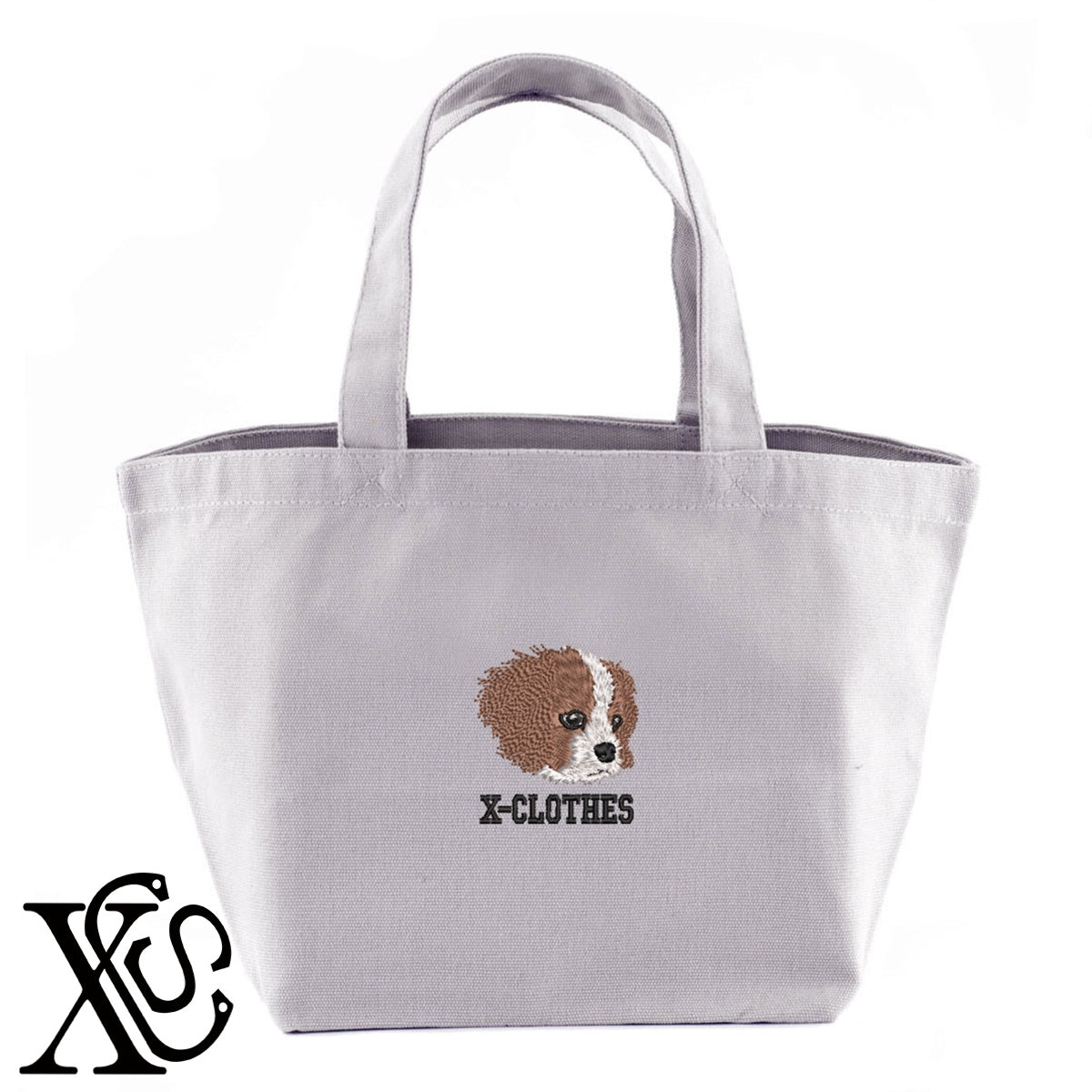 キャバリア5柄 刺繍 キャンバス生地 ランチ ミニ トートバッグ レディース メンズ【X-CLOTHES】オリジナル グッズ 刺繍 ワンポイント 雑貨【b Black Camel】【g Natural Gray】 【10犬猫図鑑-犬図鑑-A】