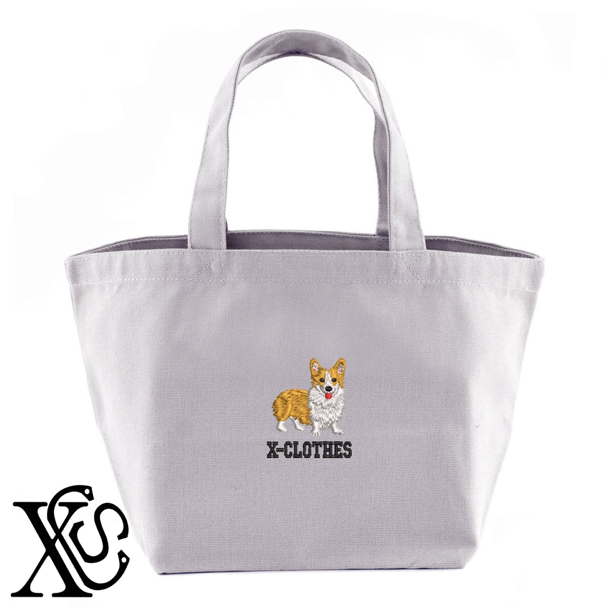 コーギー5柄 刺繍 キャンバス生地 ランチ ミニ トートバッグ レディース メンズ【X-CLOTHES】オリジナル グッズ 刺繍 ワンポイント 雑貨【b Black Camel】【g Natural Gray】 【10犬猫図鑑-犬図鑑-A】