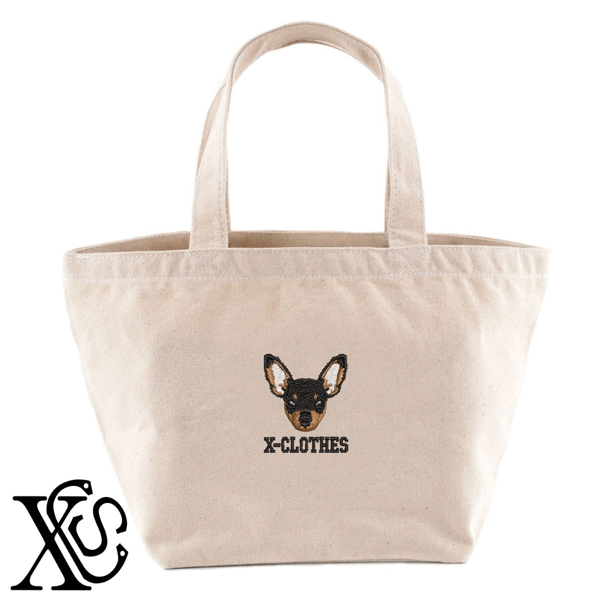 トイテリア2柄 刺繍 キャンバス生地 ランチ ミニ トートバッグ レディース メンズ【X-CLOTHES】オリジナル グッズ 刺繍 ワンポイント 雑貨【b Black Camel】【g Natural Gray】 【10犬猫図鑑-犬図鑑-B】