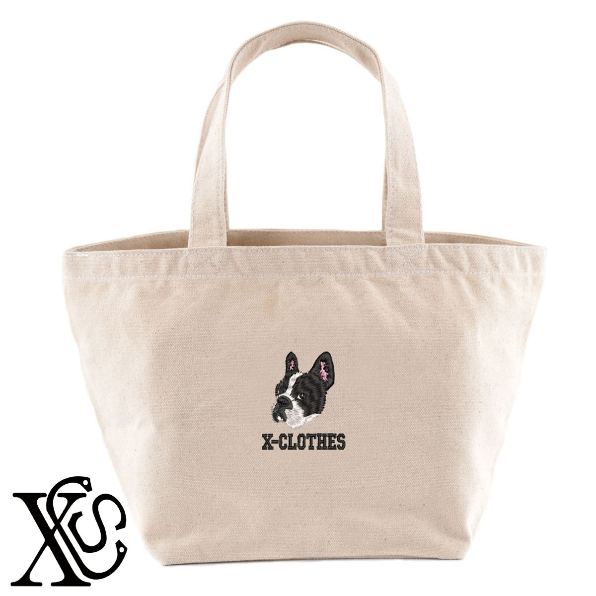フレンチブルドッグ3柄 刺繍 キャンバス生地 ランチ ミニ トートバッグ レディース メンズ【X-CLOTHES】オリジナル グッズ 刺繍 ワンポイント 雑貨【b Black Camel】【g Natural Gray】 【10犬猫図鑑-犬図鑑-C】
