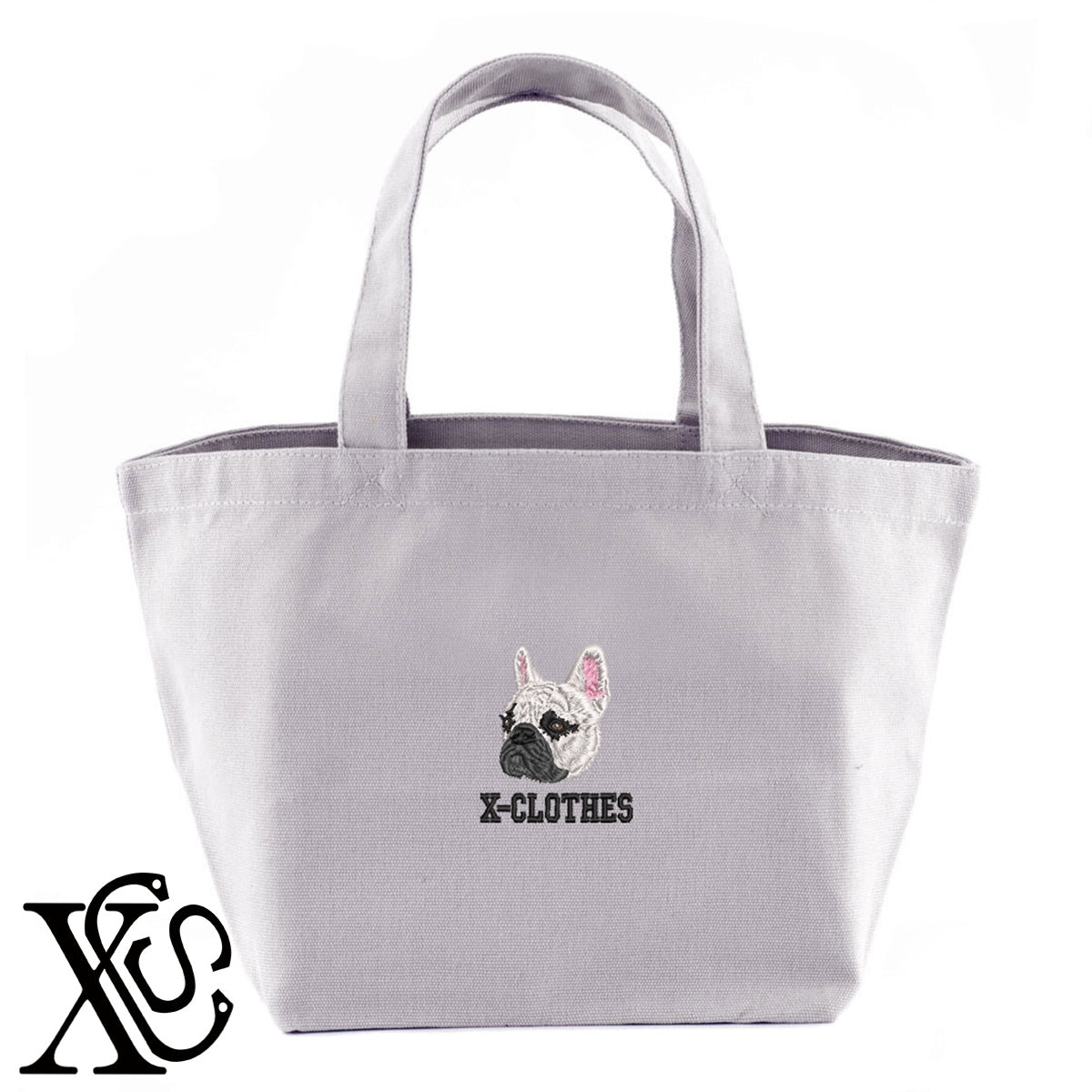 フレンチブルドッグ7柄 刺繍 キャンバス生地 ランチ ミニ トートバッグ レディース メンズ【X-CLOTHES】オリジナル グッズ 刺繍 ワンポイント 雑貨【b Black Camel】【g Natural Gray】 【10犬猫図鑑-犬図鑑-C】