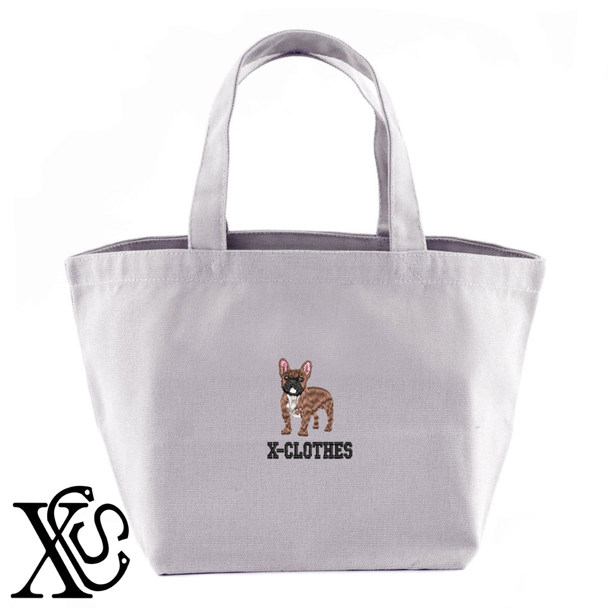 フレンチブルドッグ9柄 刺繍 キャンバス生地 ランチ ミニ トートバッグ レディース メンズ【X-CLOTHES】オリジナル グッズ 刺繍 ワンポイント 雑貨【b Black Camel】【g Natural Gray】 【10犬猫図鑑-犬図鑑-C】