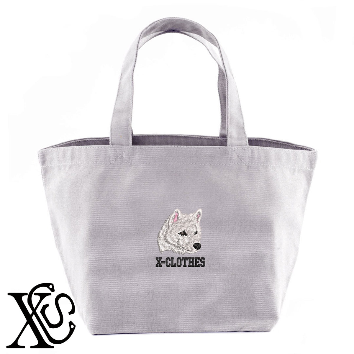 柴犬白3柄 刺繍 キャンバス生地 ランチ ミニ トートバッグ レディース メンズ【X-CLOTHES】オリジナル グッズ 刺繍 ワンポイント 雑貨【b Black Camel】【g Natural Gray】 【10犬猫図鑑-犬図鑑-D】