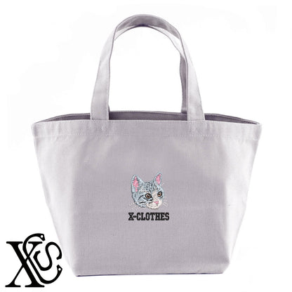 アメリカンショートヘア3柄 刺繍 キャンバス生地 ランチ ミニ トートバッグ レディース メンズ【X-CLOTHES】オリジナル グッズ 刺繍 ワンポイント 雑貨【b Black Camel】【g Natural Gray】 【10犬猫図鑑-猫図鑑-A】