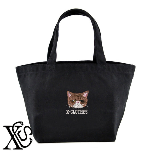 エキゾチック4柄 刺繍 キャンバス生地 ランチ ミニ トートバッグ レディース メンズ【X-CLOTHES】オリジナル グッズ 刺繍 ワンポイント 雑貨【b Black Camel】【g Natural Gray】 【10犬猫図鑑-猫図鑑-A】