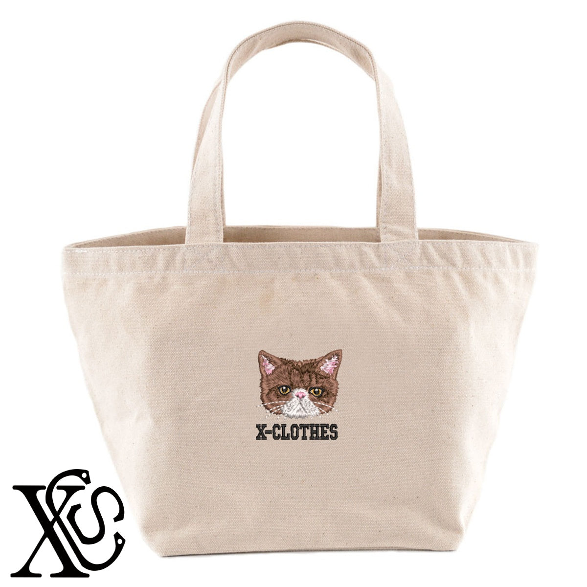 エキゾチック4柄 刺繍 キャンバス生地 ランチ ミニ トートバッグ レディース メンズ【X-CLOTHES】オリジナル グッズ 刺繍 ワンポイント 雑貨【b Black Camel】【g Natural Gray】 【10犬猫図鑑-猫図鑑-A】