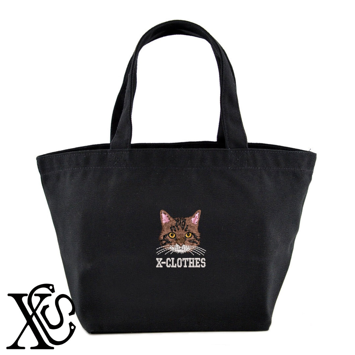 キジトラ猫2柄 刺繍 キャンバス生地 ランチ ミニ トートバッグ レディース メンズ【X-CLOTHES】オリジナル グッズ 刺繍 ワンポイント 雑貨【b Black Camel】【g Natural Gray】 【10犬猫図鑑-猫図鑑-A】