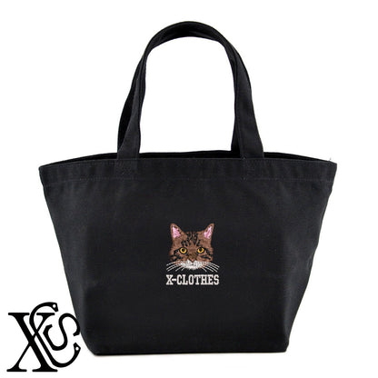 キジトラ猫2柄 刺繍 キャンバス生地 ランチ ミニ トートバッグ レディース メンズ【X-CLOTHES】オリジナル グッズ 刺繍 ワンポイント 雑貨【b Black Camel】【g Natural Gray】 【10犬猫図鑑-猫図鑑-A】