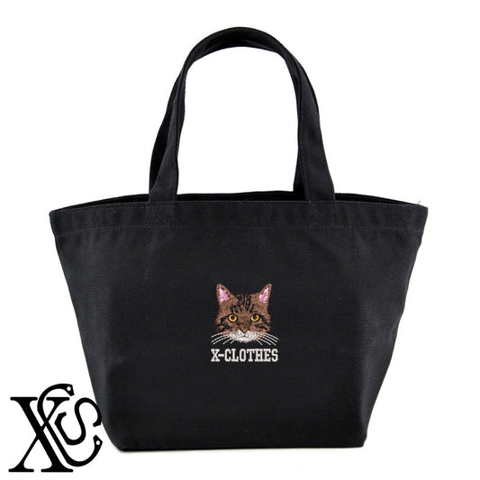 キジトラ猫2柄 刺繍 キャンバス生地 ランチ ミニ トートバッグ レディース メンズ【X-CLOTHES】オリジナル グッズ 刺繍 ワンポイント 雑貨【b Black Camel】【g Natural Gray】 【10犬猫図鑑-猫図鑑-A】