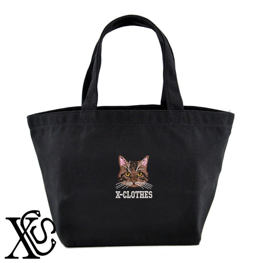 キジトラ猫3柄 刺繍 キャンバス生地 ランチ ミニ トートバッグ レディース メンズ【X-CLOTHES】オリジナル グッズ 刺繍 ワンポイント 雑貨【b Black Camel】【g Natural Gray】 【10犬猫図鑑-猫図鑑-A】