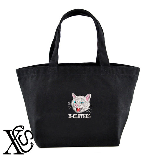 シャー白猫2柄 刺繍 キャンバス生地 ランチ ミニ トートバッグ レディース メンズ【X-CLOTHES】オリジナル グッズ 刺繍 ワンポイント 雑貨【b Black Camel】【g Natural Gray】 【10犬猫図鑑-猫図鑑-A】