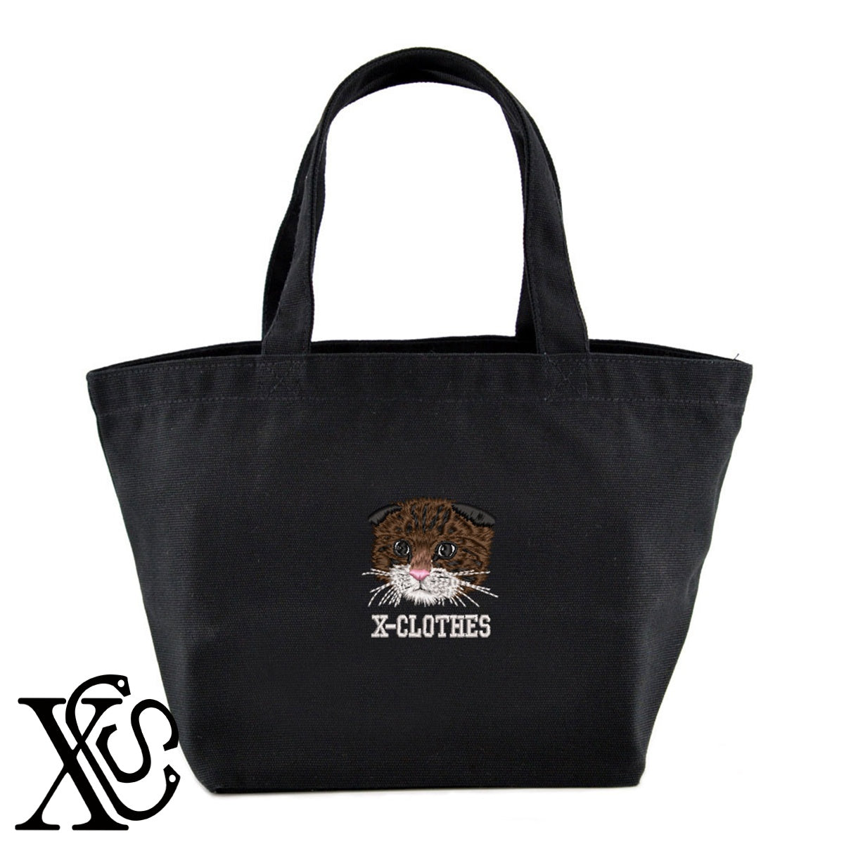 スコティッシュフォールド4柄 刺繍 キャンバス生地 ランチ ミニ トートバッグ レディース メンズ【X-CLOTHES】オリジナル グッズ 刺繍 ワンポイント 雑貨【b Black Camel】【g Natural Gray】 【10犬猫図鑑-猫図鑑-A】