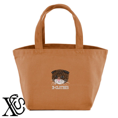 スコティッシュフォールド4柄 刺繍 キャンバス生地 ランチ ミニ トートバッグ レディース メンズ【X-CLOTHES】オリジナル グッズ 刺繍 ワンポイント 雑貨【b Black Camel】【g Natural Gray】 【10犬猫図鑑-猫図鑑-A】