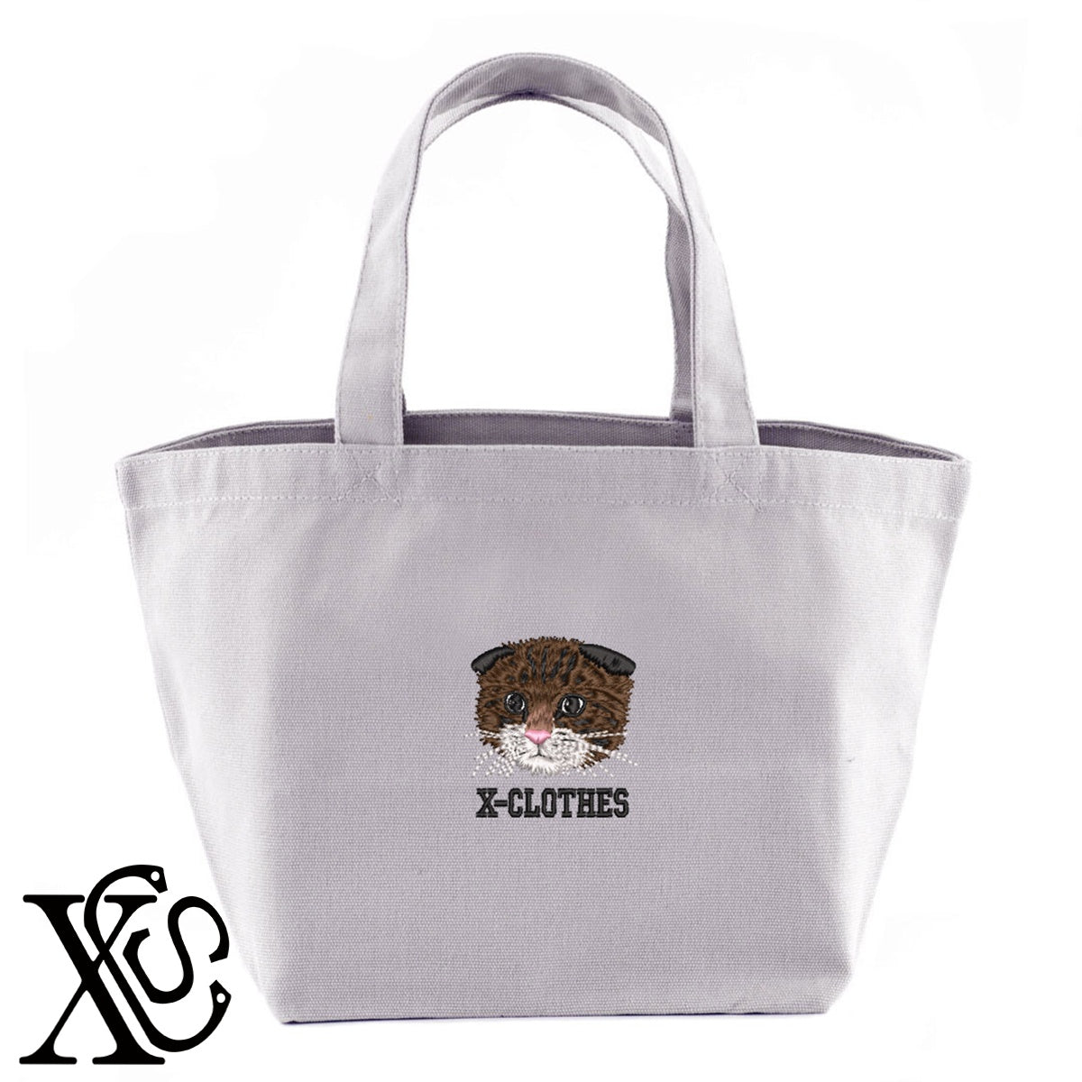 スコティッシュフォールド4柄 刺繍 キャンバス生地 ランチ ミニ トートバッグ レディース メンズ【X-CLOTHES】オリジナル グッズ 刺繍 ワンポイント 雑貨【b Black Camel】【g Natural Gray】 【10犬猫図鑑-猫図鑑-A】