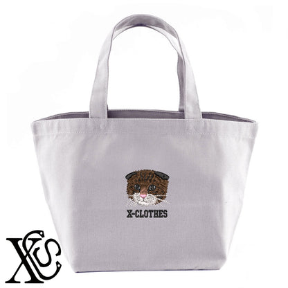 スコティッシュフォールド4柄 刺繍 キャンバス生地 ランチ ミニ トートバッグ レディース メンズ【X-CLOTHES】オリジナル グッズ 刺繍 ワンポイント 雑貨【b Black Camel】【g Natural Gray】 【10犬猫図鑑-猫図鑑-A】