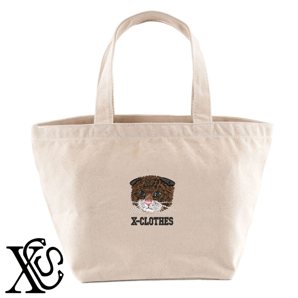 スコティッシュフォールド4柄 刺繍 キャンバス生地 ランチ ミニ トートバッグ レディース メンズ【X-CLOTHES】オリジナル グッズ 刺繍 ワンポイント 雑貨【b Black Camel】【g Natural Gray】 【10犬猫図鑑-猫図鑑-A】