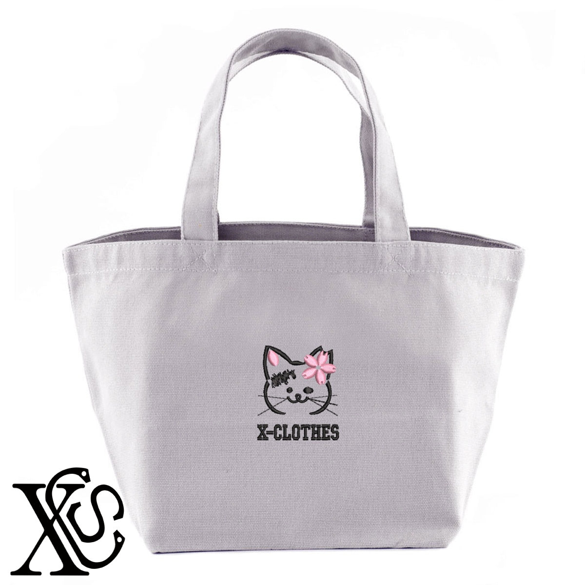 ブスにゃん2柄 刺繍 キャンバス生地 ランチ ミニ トートバッグ レディース メンズ【X-CLOTHES】オリジナル グッズ 刺繍 ワンポイント 雑貨【b Black Camel】【g Natural Gray】 【10犬猫図鑑-猫図鑑-A】