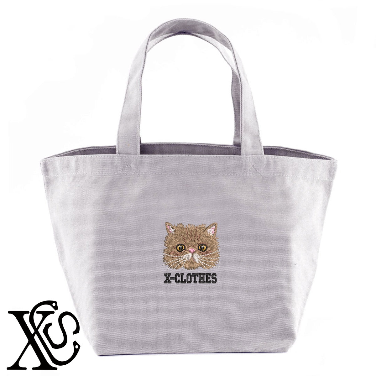 ペルシャ猫2柄 刺繍 キャンバス生地 ランチ ミニ トートバッグ レディース メンズ【X-CLOTHES】オリジナル グッズ 刺繍 ワンポイント 雑貨【b Black Camel】【g Natural Gray】 【10犬猫図鑑-猫図鑑-A】