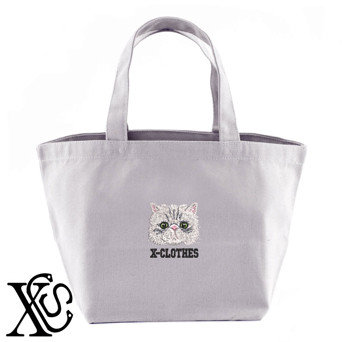 ペルシャ猫3柄 刺繍 キャンバス生地 ランチ ミニ トートバッグ レディース メンズ【X-CLOTHES】オリジナル グッズ 刺繍 ワンポイント 雑貨【b Black Camel】【g Natural Gray】 【10犬猫図鑑-猫図鑑-A】