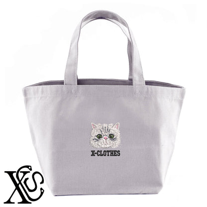 ペルシャ猫3柄 刺繍 キャンバス生地 ランチ ミニ トートバッグ レディース メンズ【X-CLOTHES】オリジナル グッズ 刺繍 ワンポイント 雑貨【b Black Camel】【g Natural Gray】 【10犬猫図鑑-猫図鑑-A】