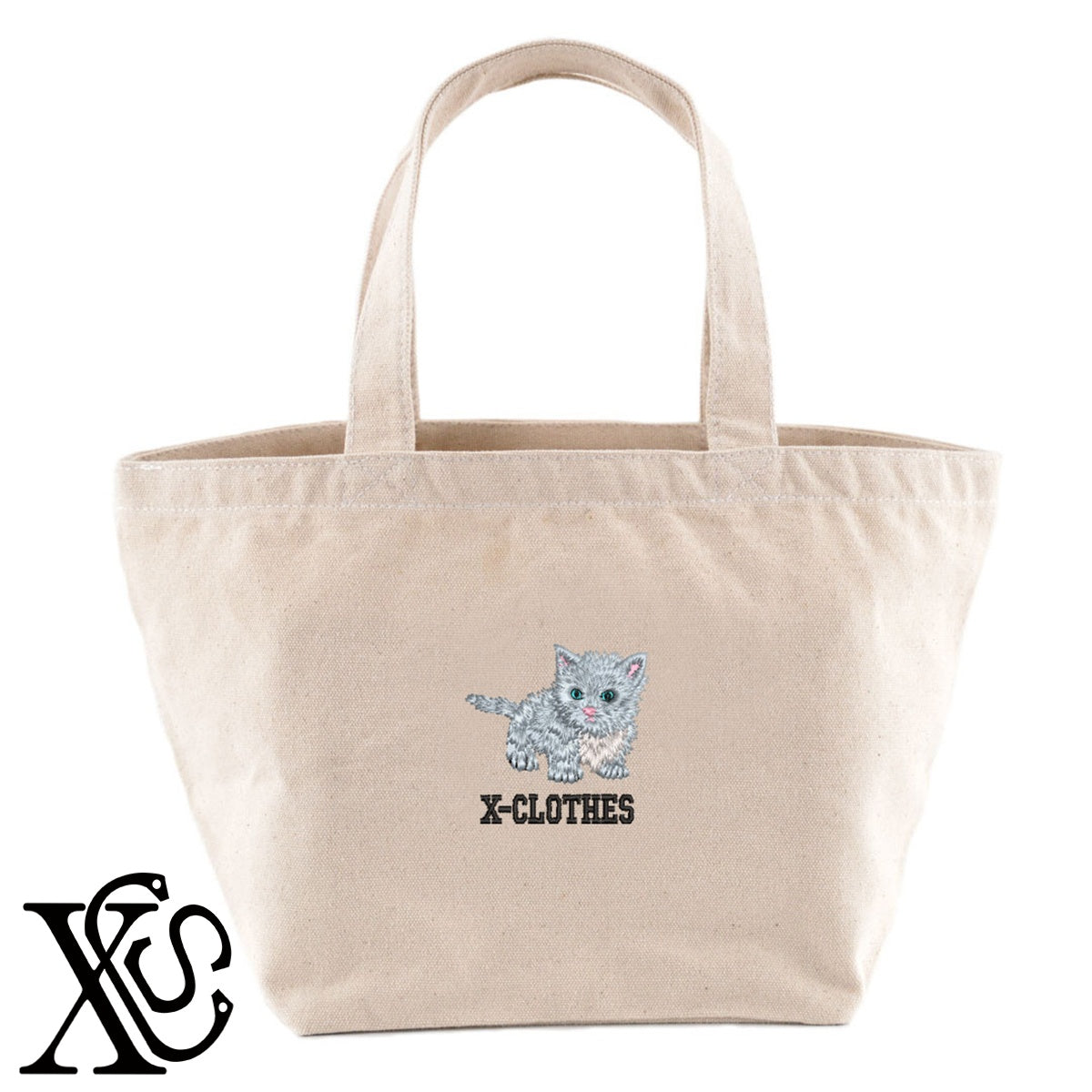 マンチカン4柄 刺繍 キャンバス生地 ランチ ミニ トートバッグ レディース メンズ【X-CLOTHES】オリジナル グッズ 刺繍 ワンポイント 雑貨【b Black Camel】【g Natural Gray】 【10犬猫図鑑-猫図鑑-A】