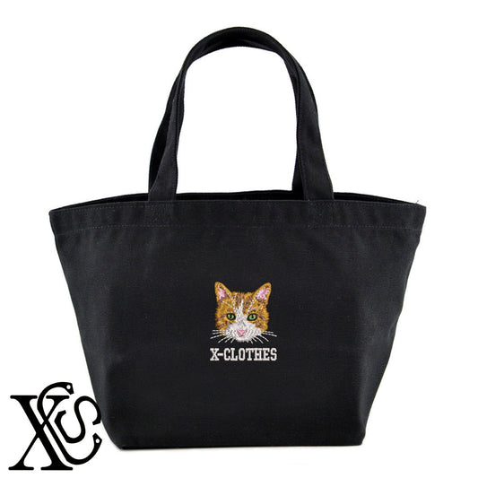 茶トラ猫2柄 刺繍 キャンバス生地 ランチ ミニ トートバッグ レディース メンズ【X-CLOTHES】オリジナル グッズ 刺繍 ワンポイント 雑貨【b Black Camel】【g Natural Gray】 【10犬猫図鑑-猫図鑑-A】