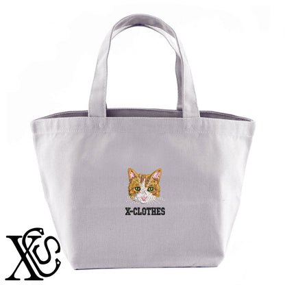茶トラ猫2柄 刺繍 キャンバス生地 ランチ ミニ トートバッグ レディース メンズ【X-CLOTHES】オリジナル グッズ 刺繍 ワンポイント 雑貨【b Black Camel】【g Natural Gray】 【10犬猫図鑑-猫図鑑-A】