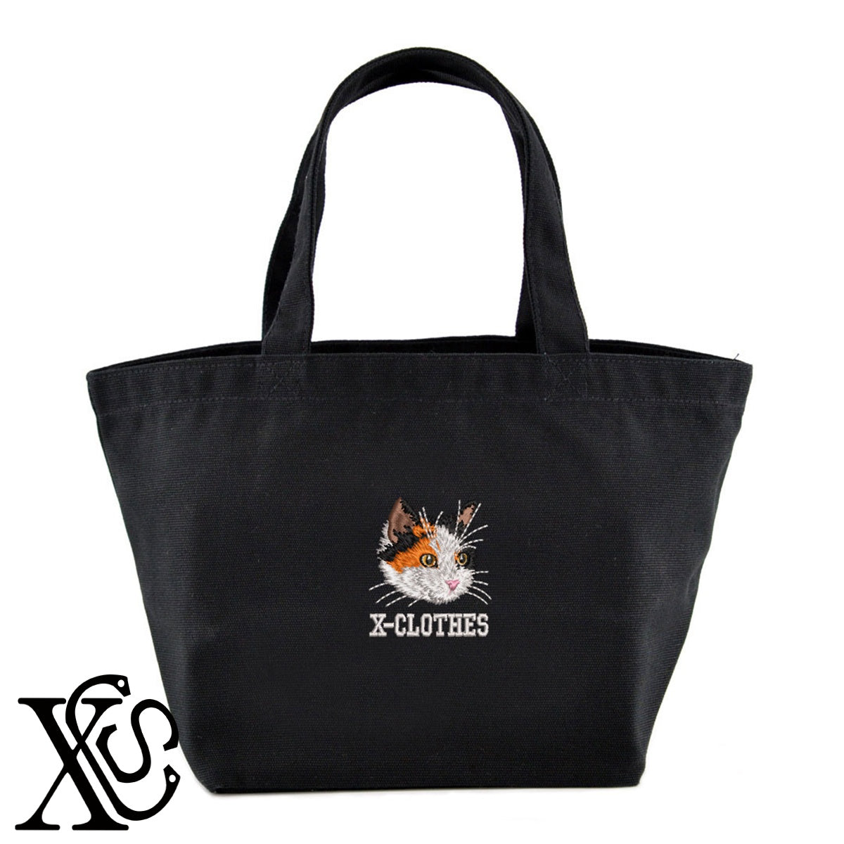 三毛猫3柄 刺繍 キャンバス生地 ランチ ミニ トートバッグ レディース メンズ【X-CLOTHES】オリジナル グッズ 刺繍 ワンポイント 雑貨【b Black Camel】【g Natural Gray】 【10犬猫図鑑-猫図鑑-B】